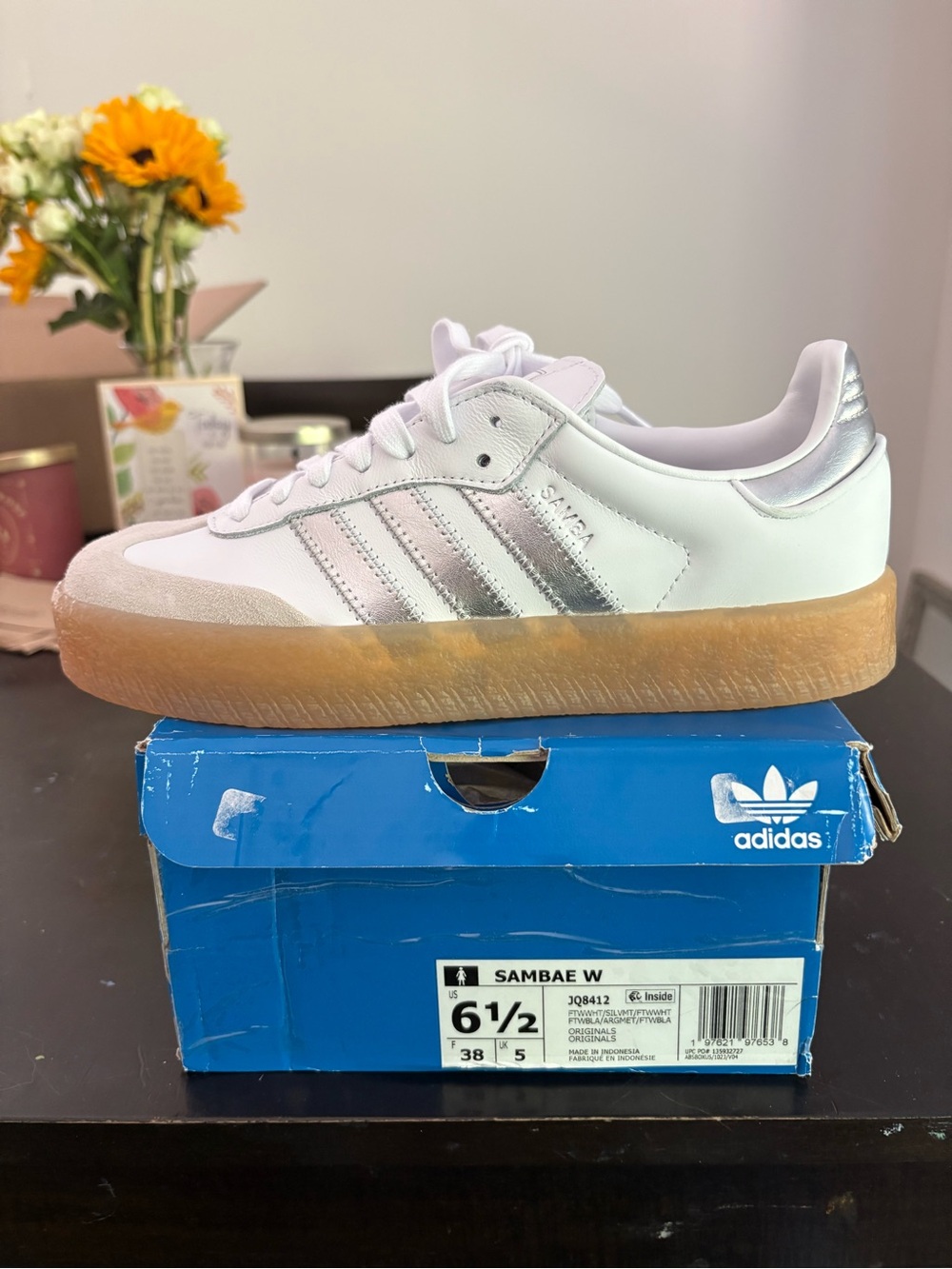 adidas Samba W Sneakers - White with Silver Accents & Gum Sole